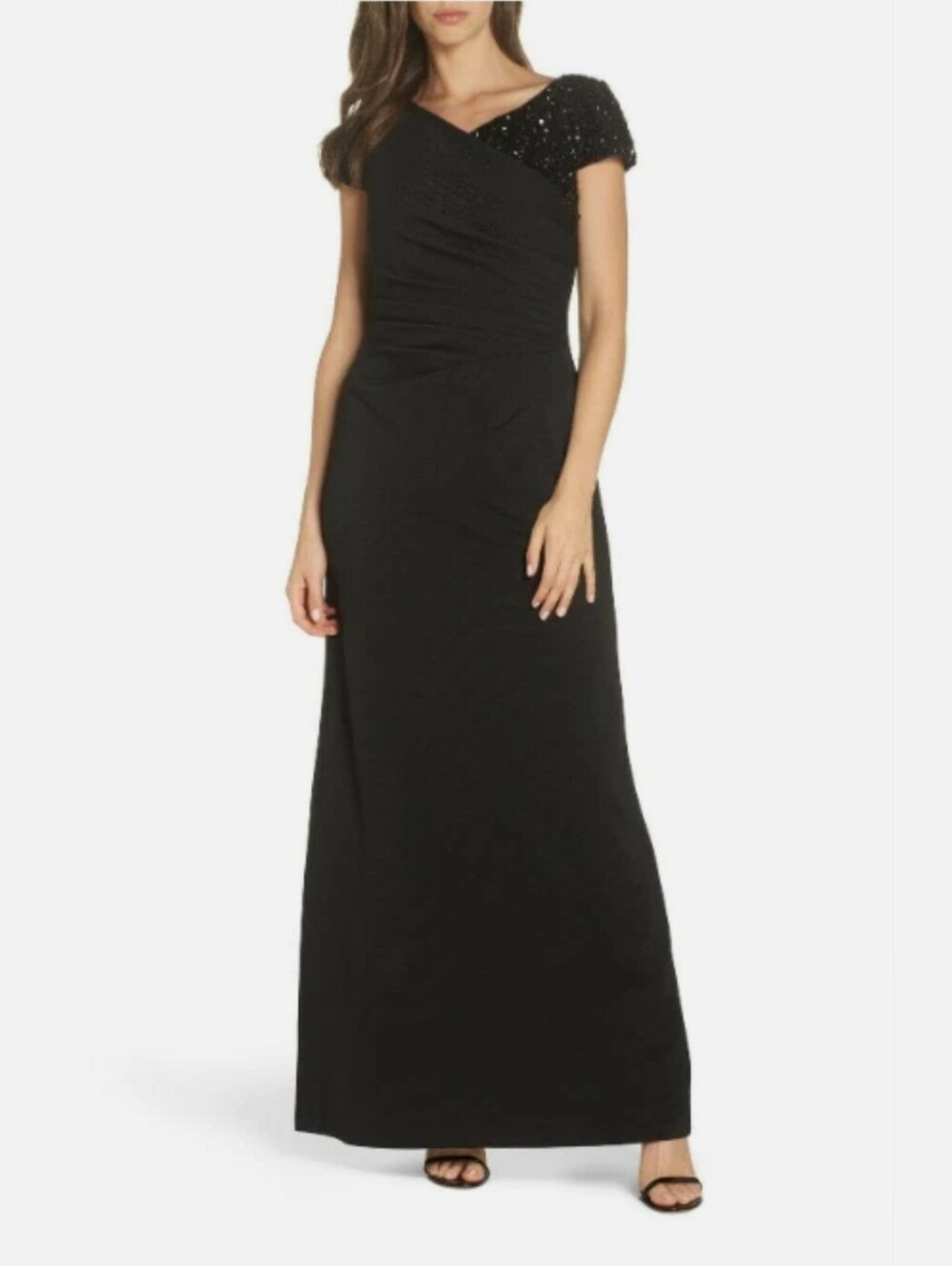 Adrianna Papell Black One-Shoulder Sequin Sleeve Dress